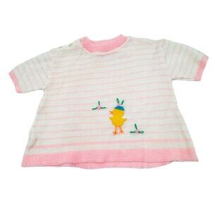 Vintage Novelty Knit Baby 18 Mos. Pink White Sweater w Spring / Easter Chick